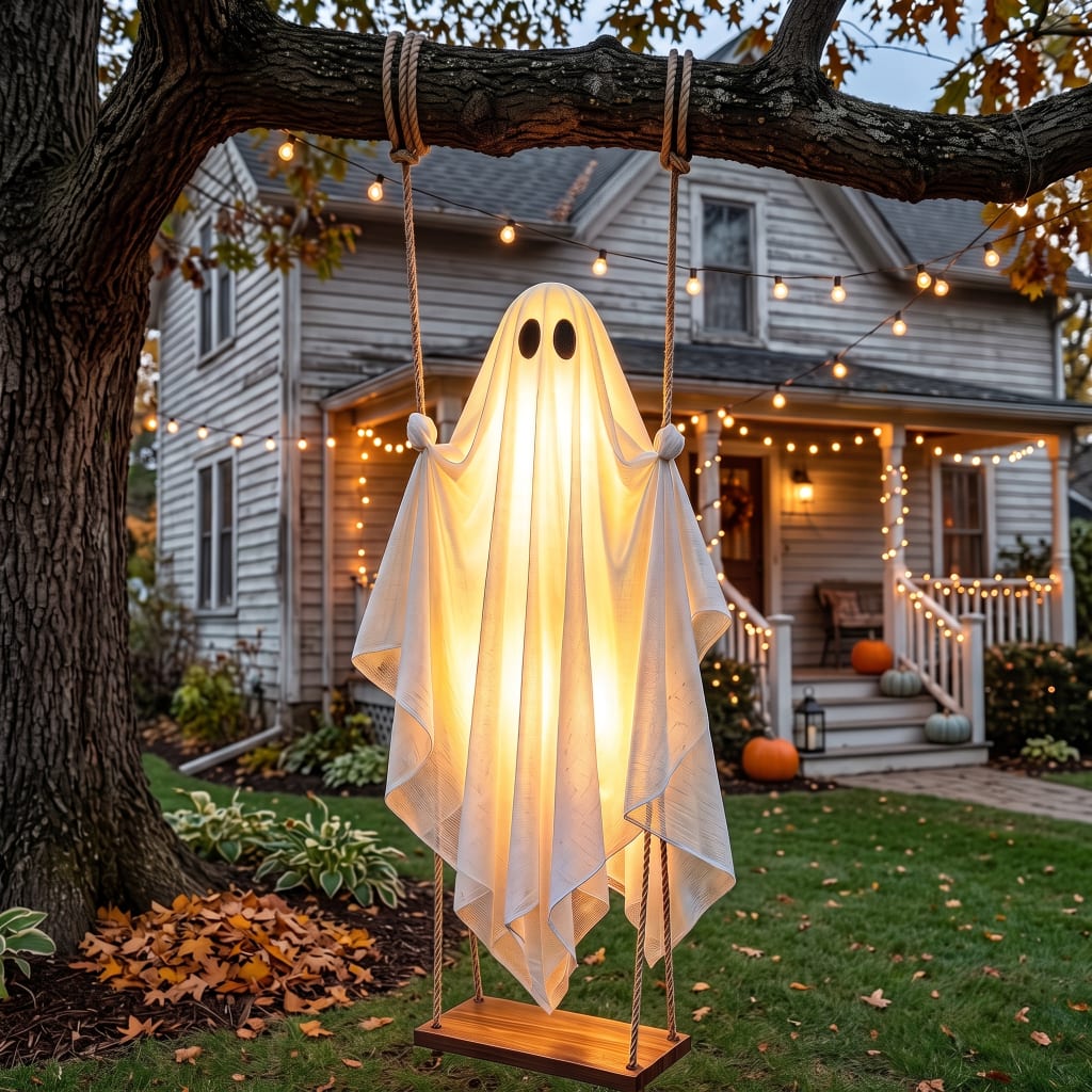 Glowing Spook Swing ghost in a Halloween porch display